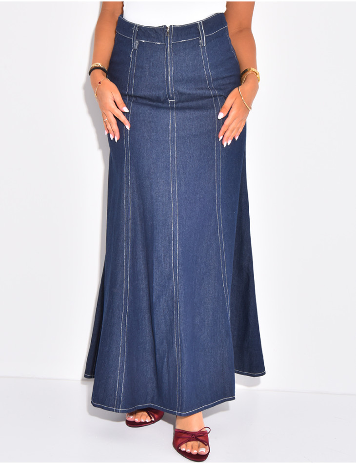 Long high-waisted flared denim skirt