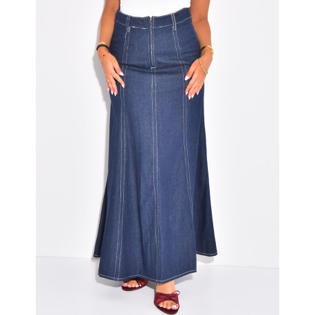 Long high-waisted flared denim skirt