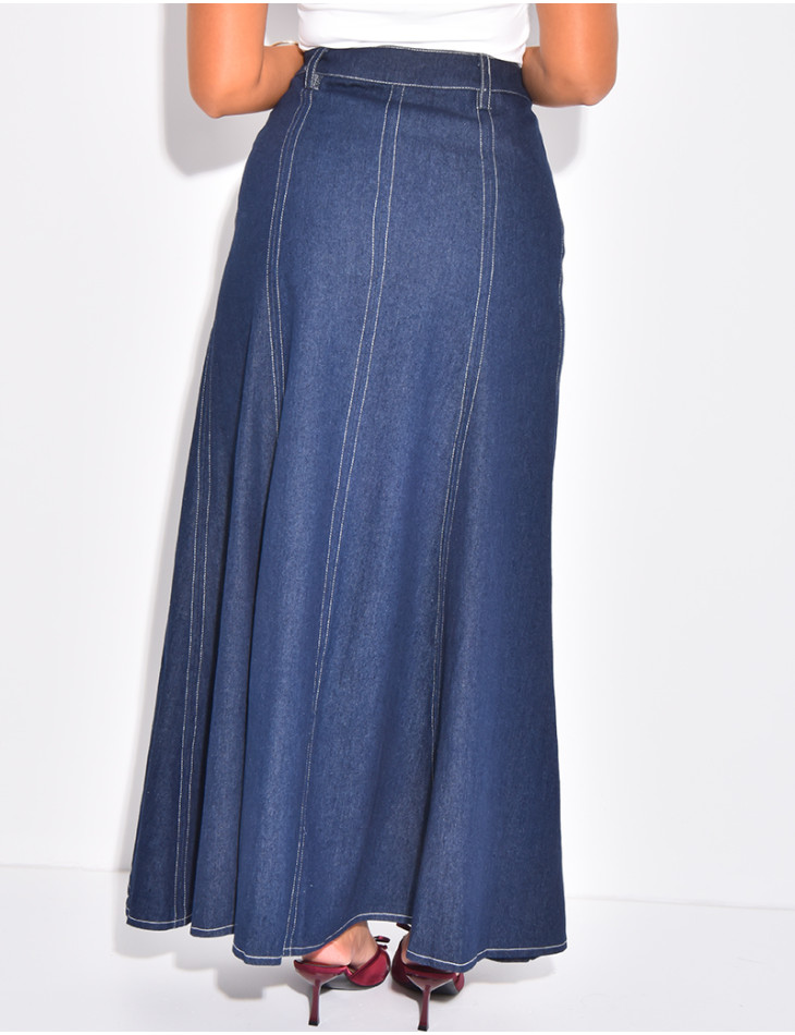 Jupe longue en jeans taille haute évasée