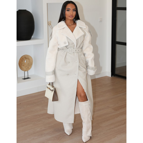 Manteau long en similicuir fourré & empiècements contrastants