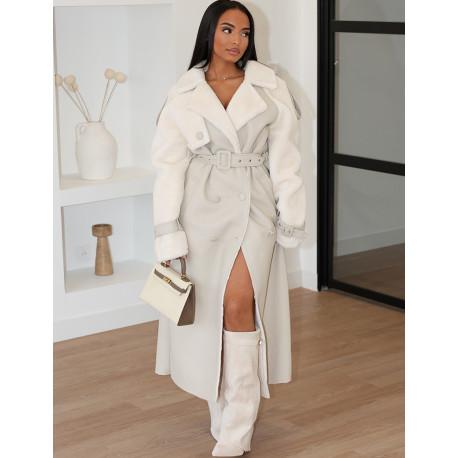 Manteau long en similicuir fourré & empiècements contrastants