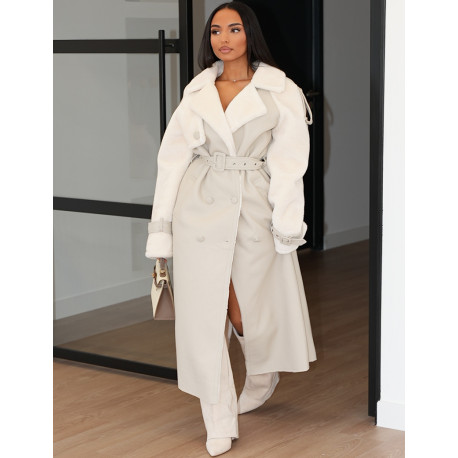 Manteau long en similicuir fourré & empiècements contrastants