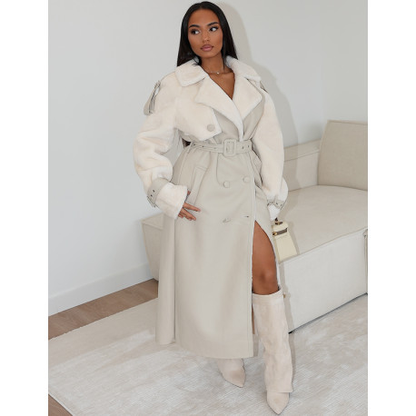 Manteau long en similicuir fourré & empiècements contrastants