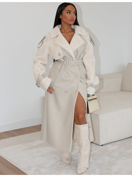 Manteau long en similicuir fourré & empiècements contrastants