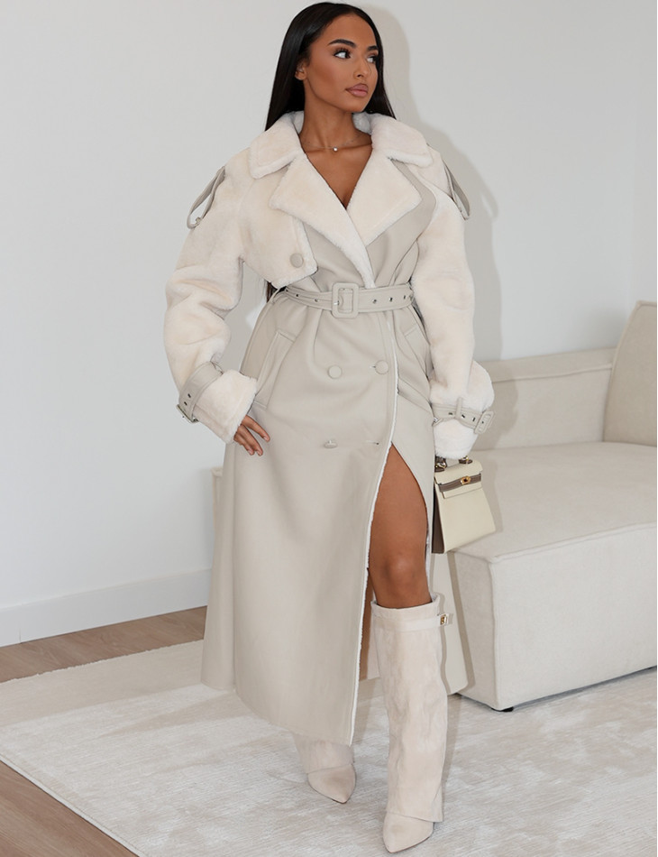 Manteau long en similicuir fourré & empiècements contrastants