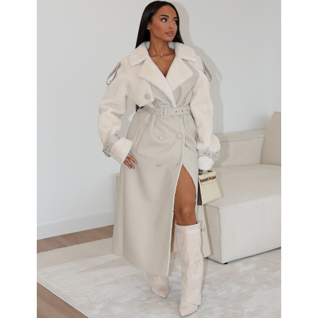 Manteau long en similicuir fourré & empiècements contrastants