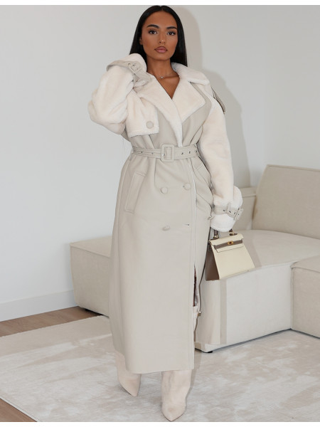 Manteau long en similicuir fourré & empiècements contrastants
