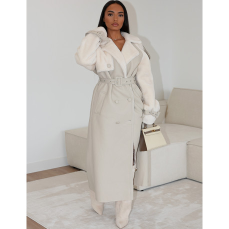 Manteau long en similicuir fourré & empiècements contrastants