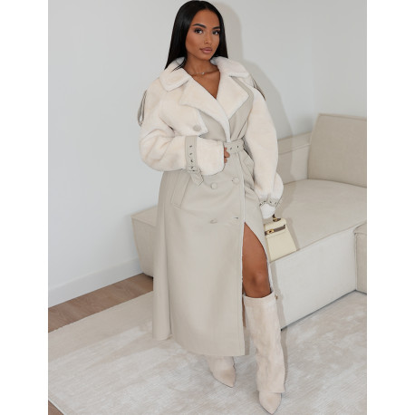 Manteau long en similicuir fourré & empiècements contrastants