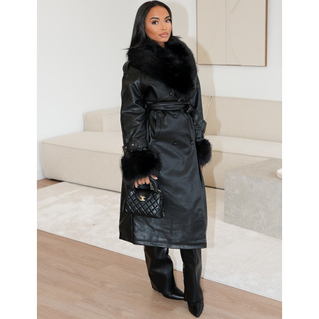 Faux leather coat with faux fur interior