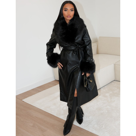 Faux leather coat with faux fur interior