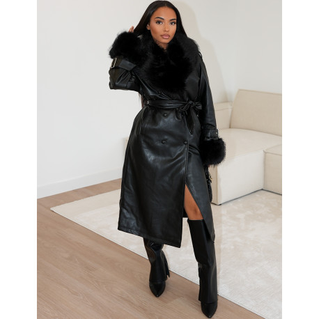 Faux leather coat with faux fur interior