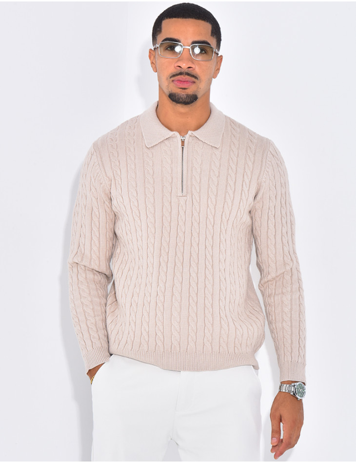 Pull côtelé à col zippé