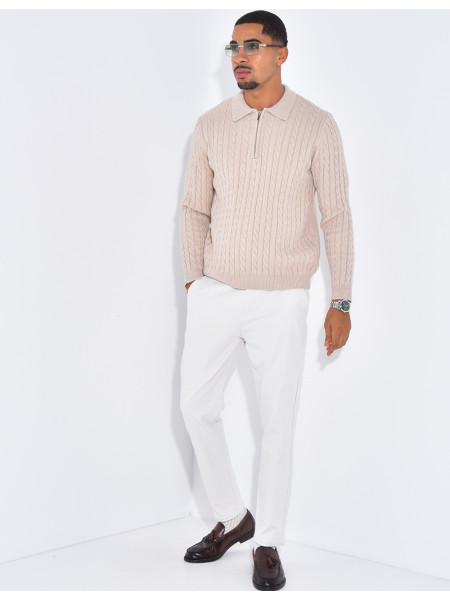 Pull côtelé à col zippé