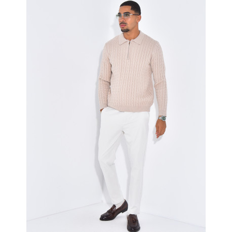 Pull côtelé à col zippé