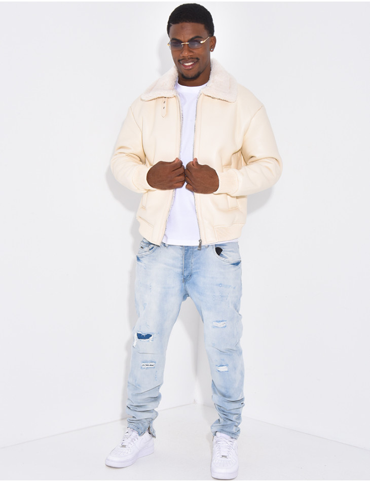 Veste en similicuir avec fourrure au col