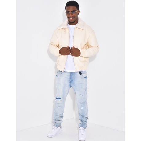Veste en similicuir avec fourrure au col