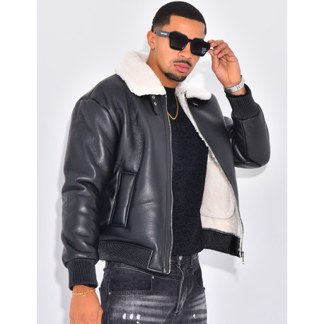 Bombers en similicuir avec fourrure au col