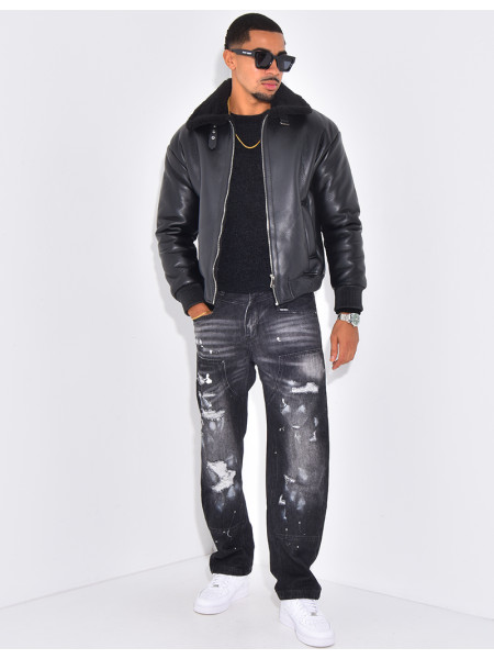 Veste en similicuir avec fourrure au col