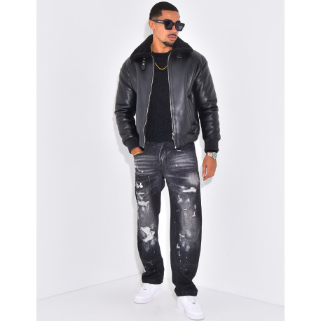Veste en similicuir avec fourrure au col