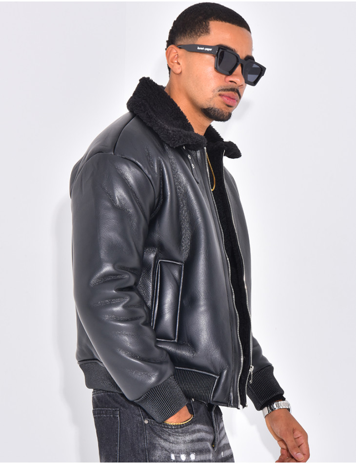 Veste en similicuir avec fourrure au col