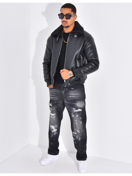 Veste en similicuir avec fourrure au col