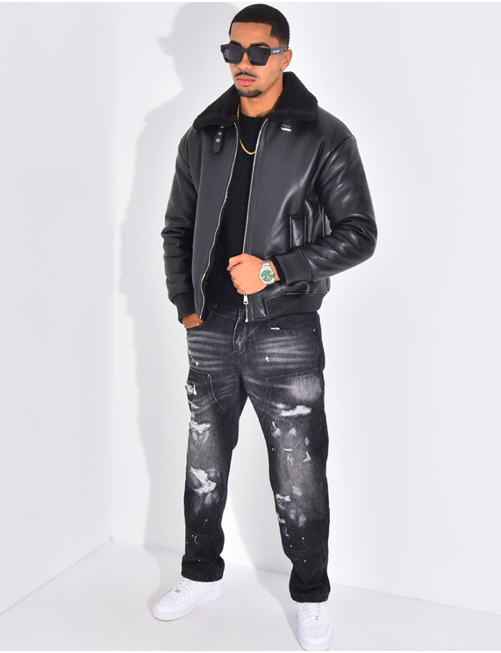Veste en similicuir avec fourrure au col