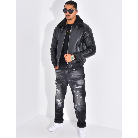 Veste en similicuir avec fourrure au col