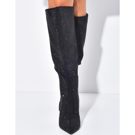 Bottes en suédine à strass bouts pointus à talons