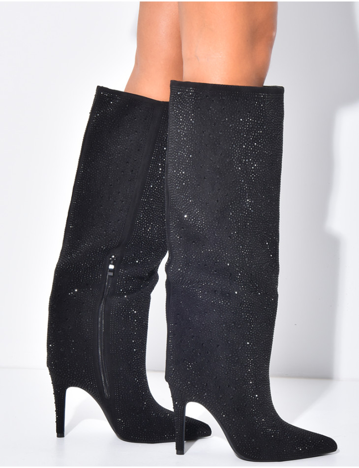 Suede boots with rhinestones, pointed toes and heels