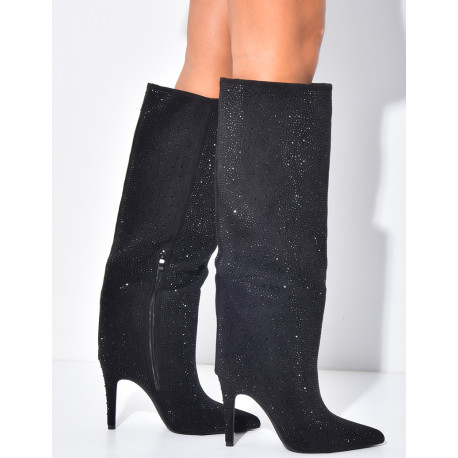 Suede boots with rhinestones, pointed toes and heels