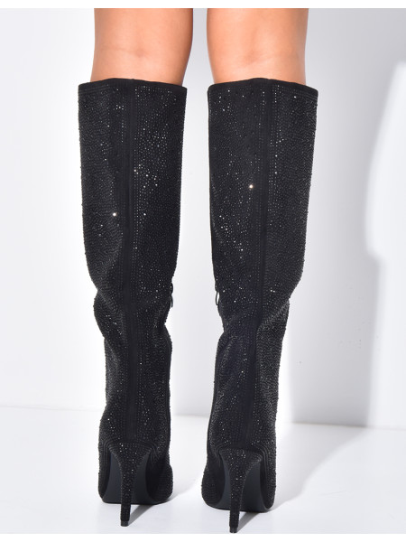 Bottes en suédine à strass bouts pointus à talons