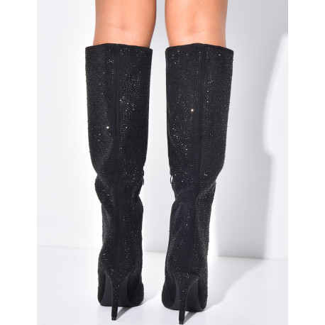 Bottes en suédine à strass bouts pointus à talons