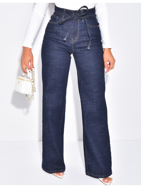 Wide-leg raw jeans with waistband