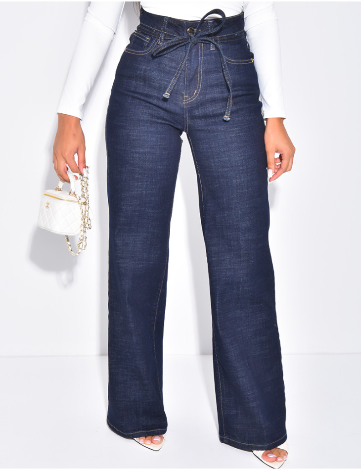 Wide-leg raw jeans with waistband