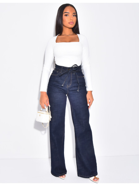 Wide-leg raw jeans with waistband