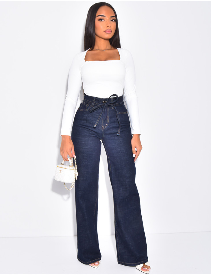 Wide-leg raw jeans with waistband