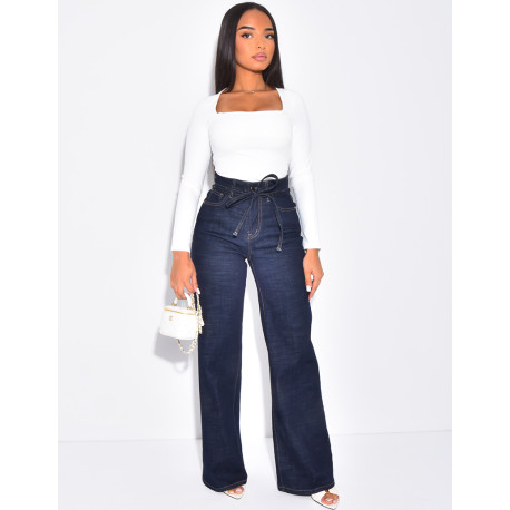 Wide-leg raw jeans with waistband