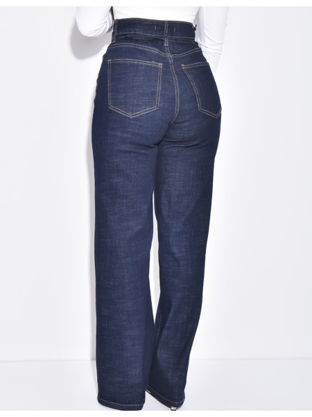 Wide-leg raw jeans with waistband