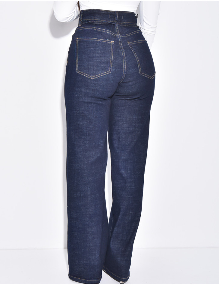 Wide-leg raw jeans with waistband
