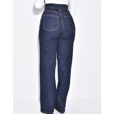 Wide-leg raw jeans with waistband