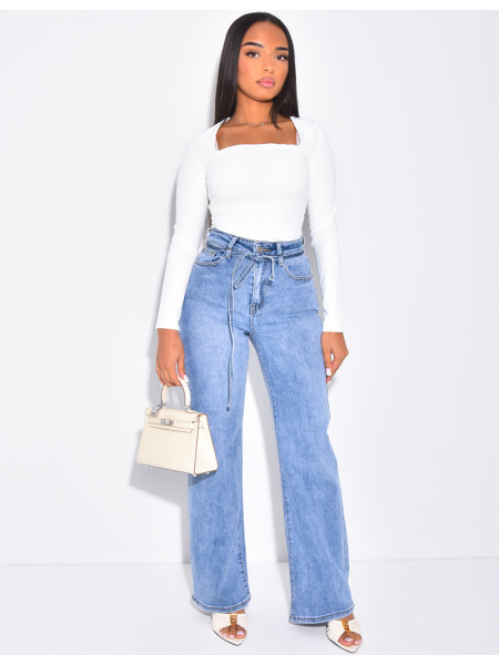 Jeans coupe droite taille haute stretchy à ceinture ficelle