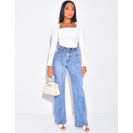 Jeans coupe droite taille haute stretchy à ceinture ficelle