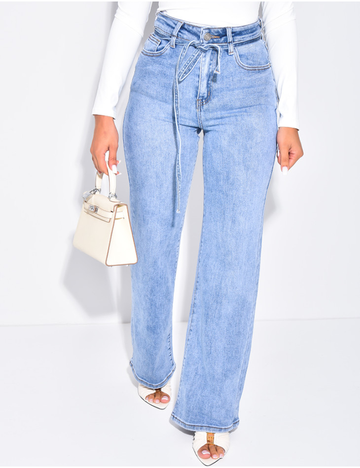 High-waisted straight-leg stretch jeans with drawstring waistband