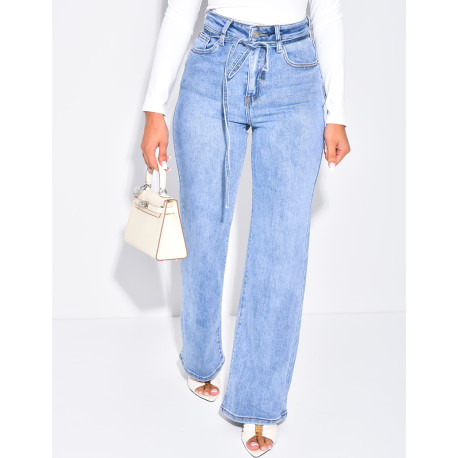 High-waisted straight-leg stretch jeans with drawstring waistband