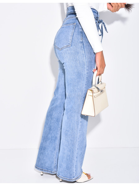 Jeans coupe droite taille haute stretchy à ceinture ficelle