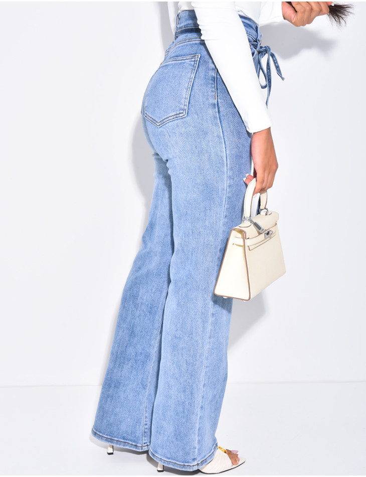 Jeans coupe droite taille haute stretchy à ceinture ficelle
