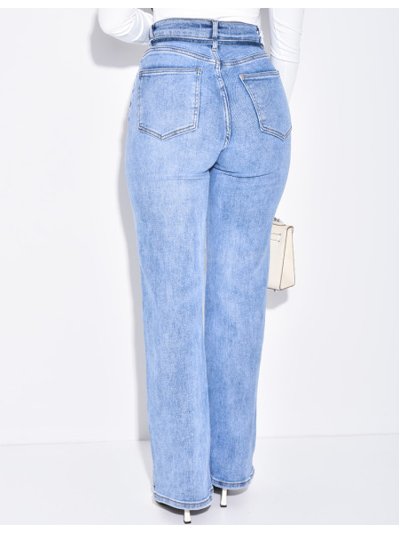 Jeans coupe droite taille haute stretchy à ceinture ficelle