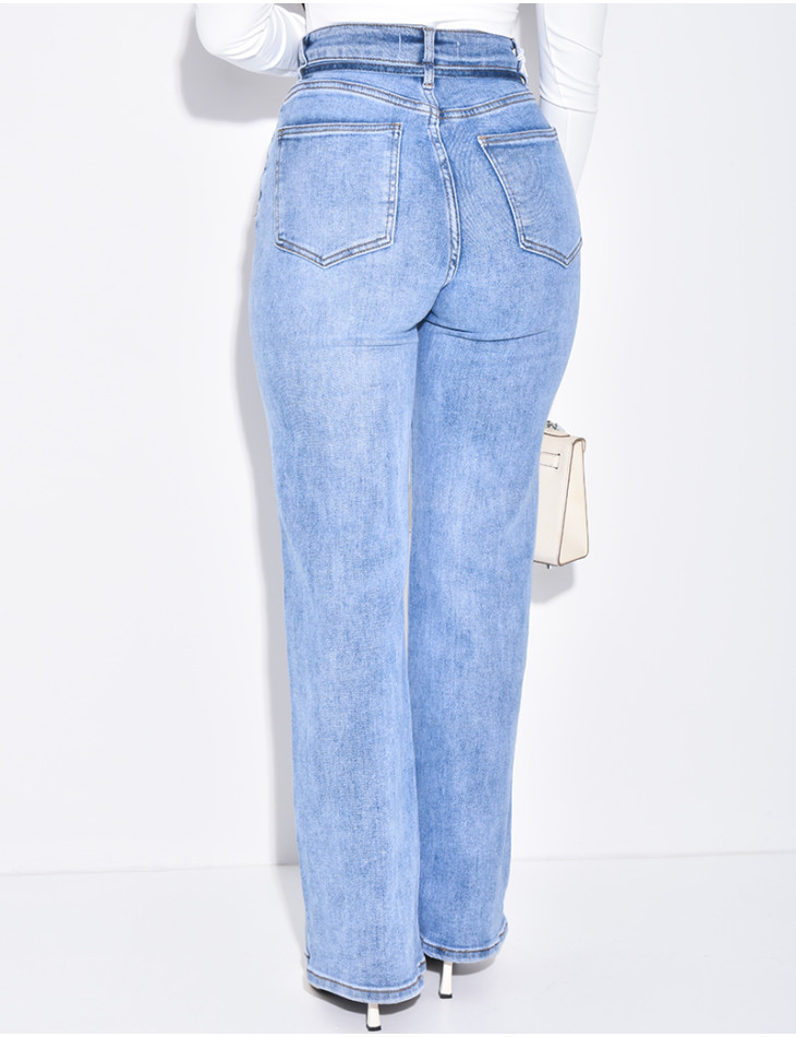 Jeans coupe droite taille haute stretchy à ceinture ficelle