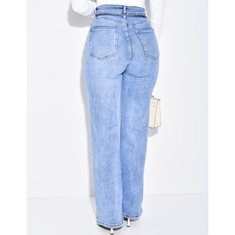 Jeans coupe droite taille haute stretchy à ceinture ficelle